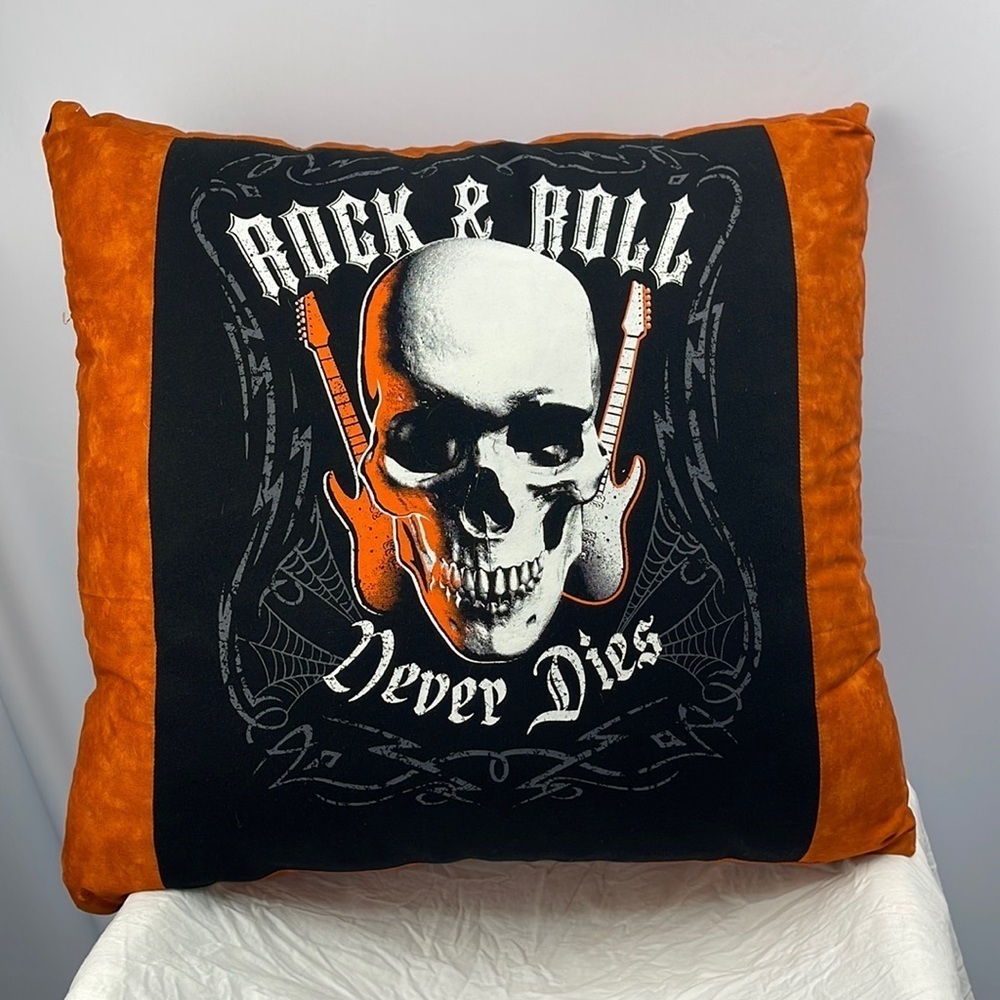 Homemade brand new T-shirt accent pillow. Rock and roll skull Halloween orange